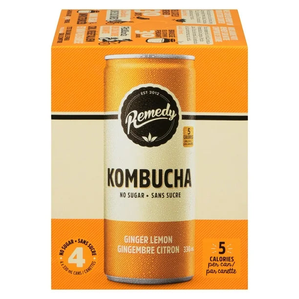 Remedy's Organic Ginger Lemon Kombucha 4x 330mL Can
