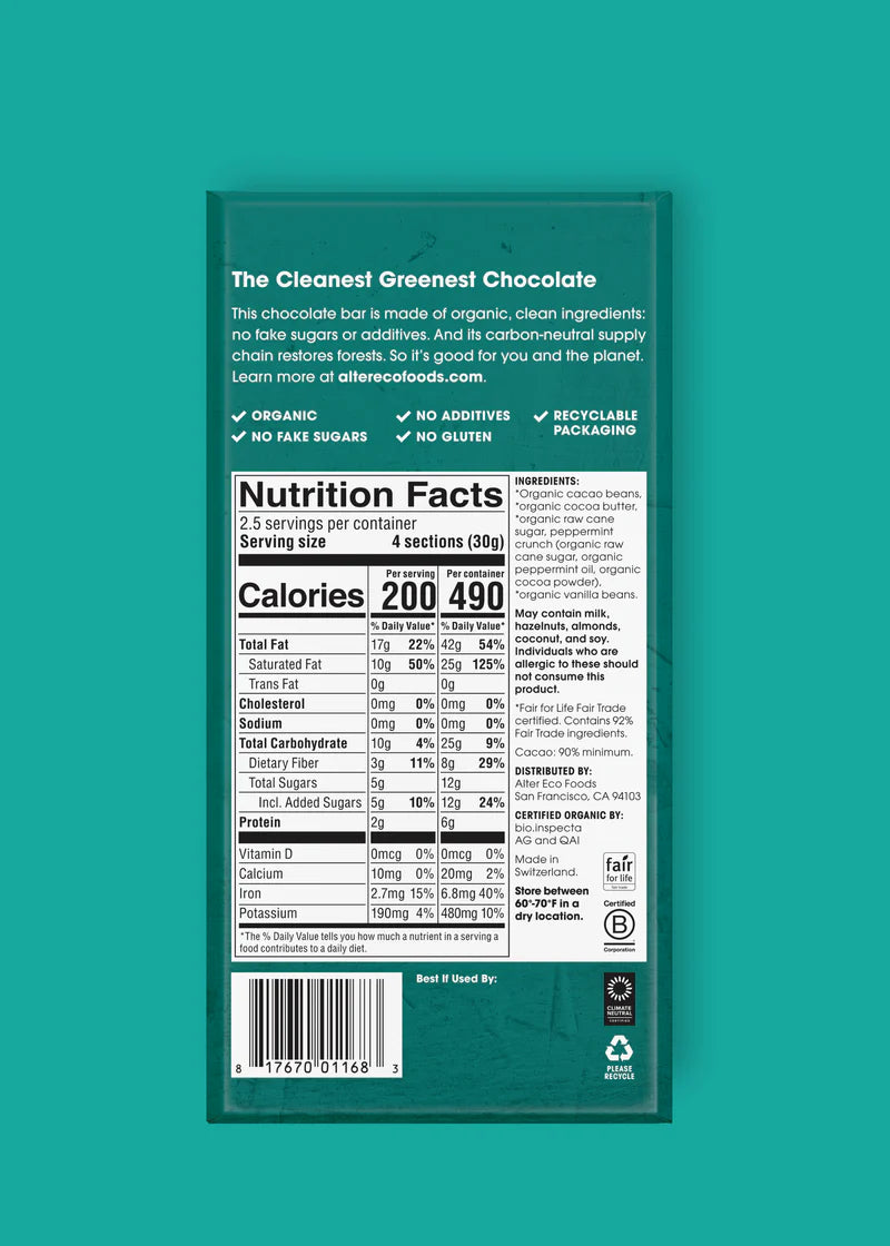 Alter Eco 90% Dark Chocolate Mint Blackout Bars 75gm