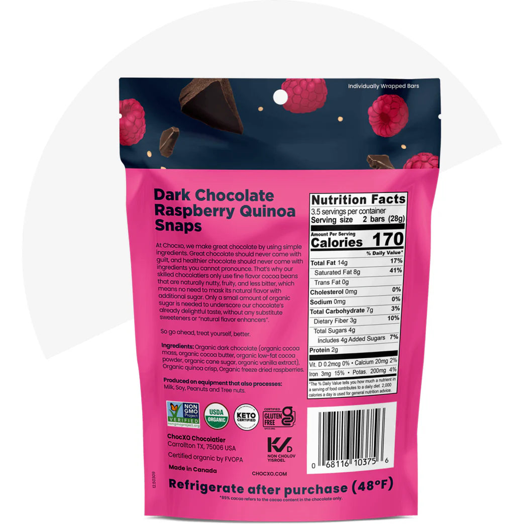 Chocxo Keto Dark Chocolate Raspberry and Quinoa Snaps 98gm