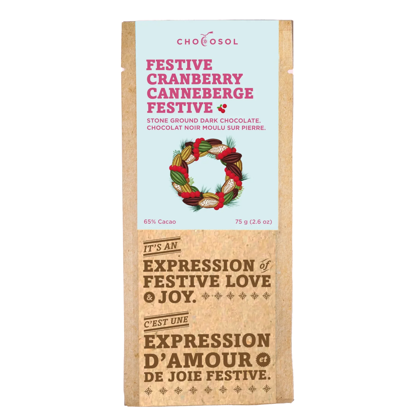 Chocosol Christmas Cranberry Chocolate Bar (65% Cacao)