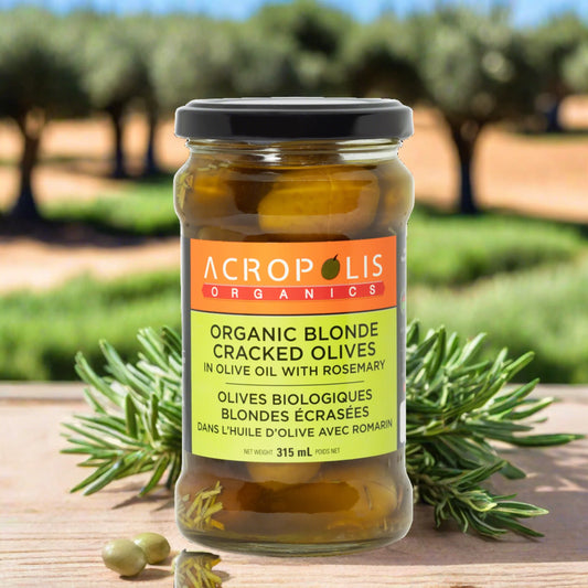 Acropolis Organic Blonde Cracked Olives in EVOO with Rosemary 315ml